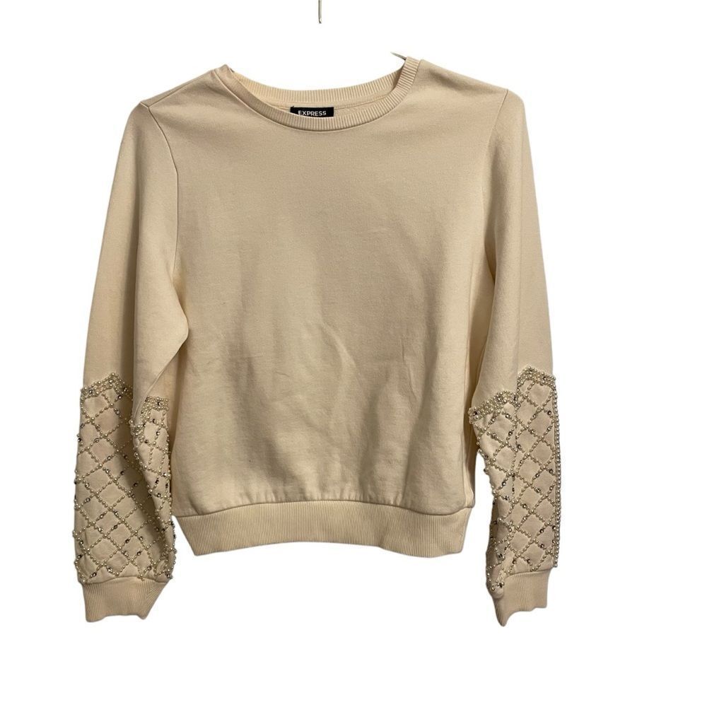 Express Cream Embellished Sweatshirt Pearl Rhinestone Lattice Sleeve Ivory L